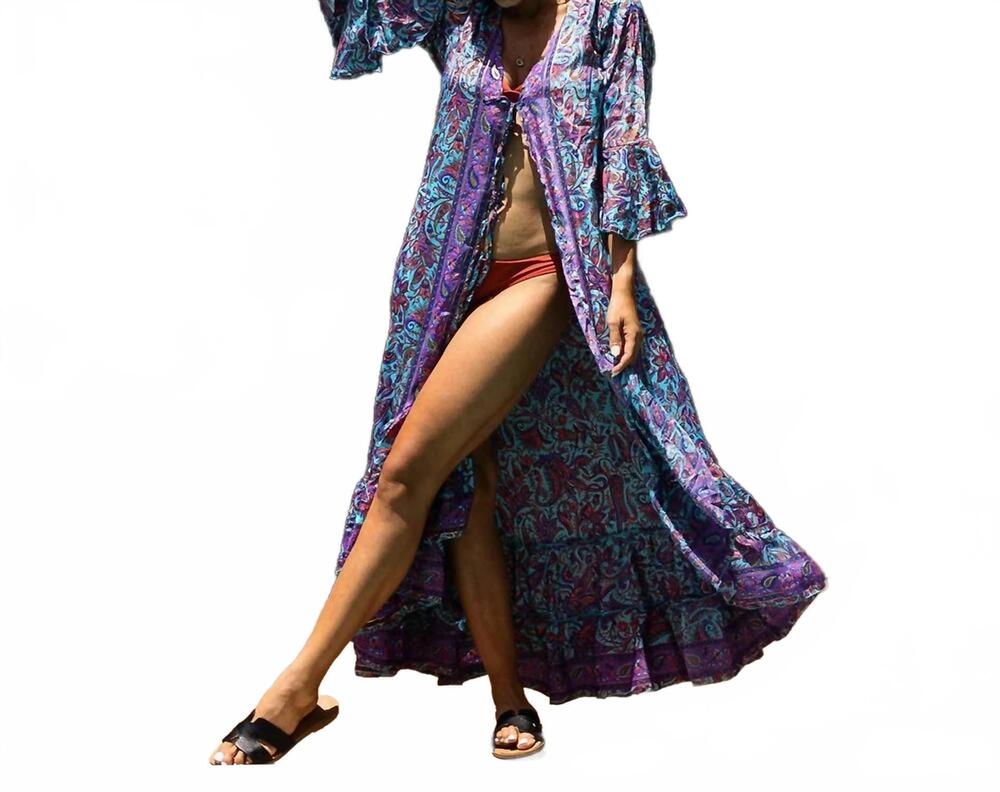 NEW POWELL CRAFT everleigh open front kaftan dress in blue and purple